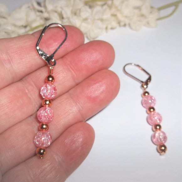 Earrings Rose Gold and Pink Dangle Drop Jewelry Gift Idea for Girl Woman 8122 - Picture 6 of 8